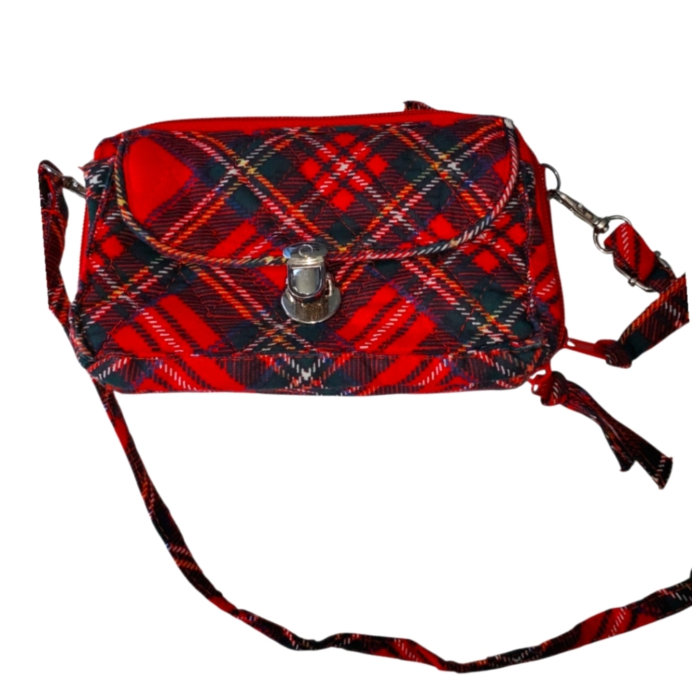 Plaid Wristlet Removable Shoulder Strap. Striped Interior Multi Pockets Red